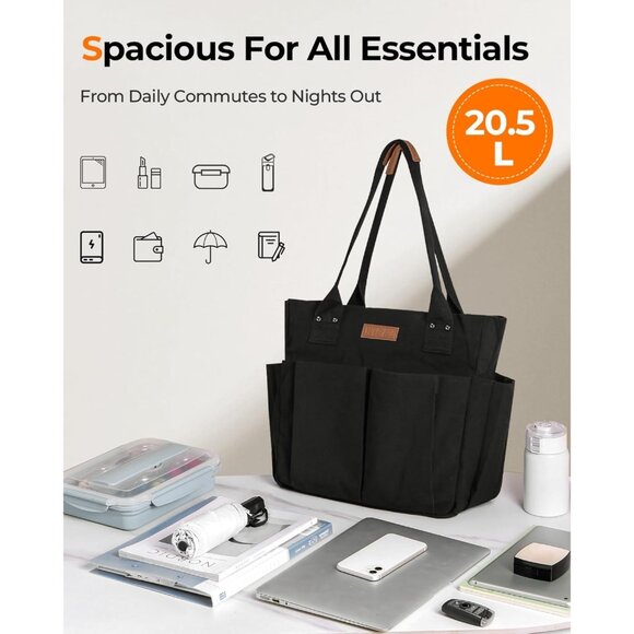 Women's Black 3 Tote Bags Large Utility Bags with Pockets Zip for Teacher Work - Picture 2 of 7